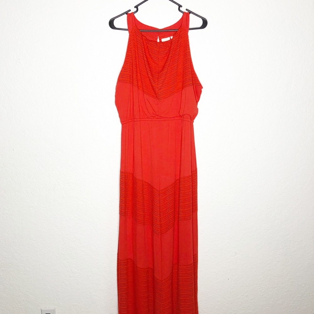Chicos red orange crochet mixed knit sleeveless‎ maxi dress size 1 or Medium
